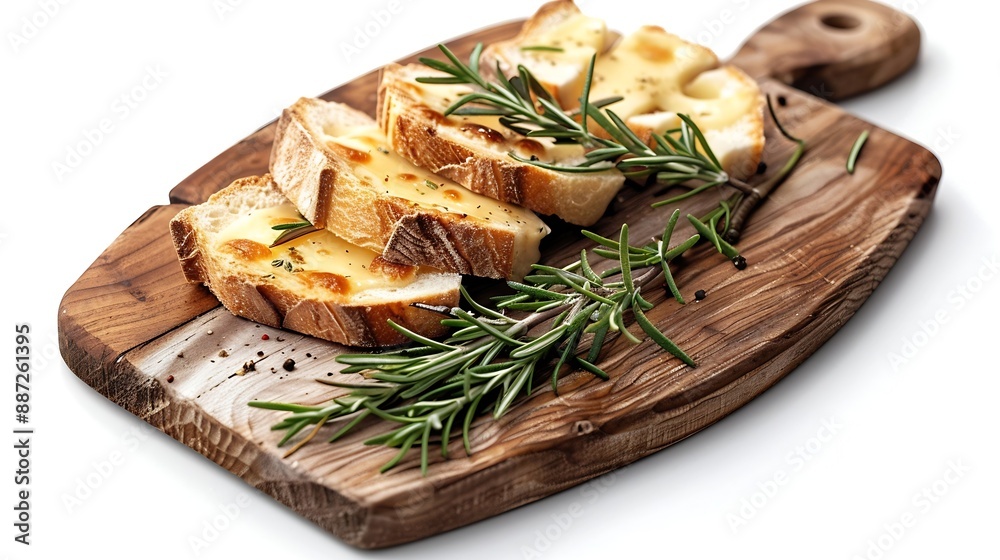 Wooden board with tasty baked brie cheese bread and rosemary isolated on white top view : Generative AI Wooden board with tasty baked brie cheese bread and rosemary isolated on white top view : Generative AI