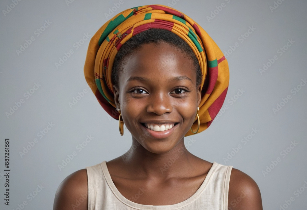 Portrait view of a regular happy smiling Central African Republic girl, ultra realistic, candid, social media, avatar image, plain solid background Portrait view of a regular happy smiling Central African Republic girl, ultra realistic, candid, social media, avatar image, plain solid background