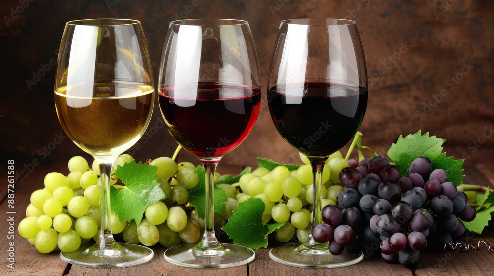 glasses filled with wine. There are grapes next to the glass. Wine day glasses filled with wine. There are grapes next to the glass. Wine day