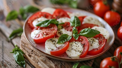 Heart shaped Italian Caprese Salad arranged by Italian basilbuffalo mozzarella and tomatoes look like Italian Flag on plate with white wood table backgroundLove Italian food concept fo : Generative AI photo