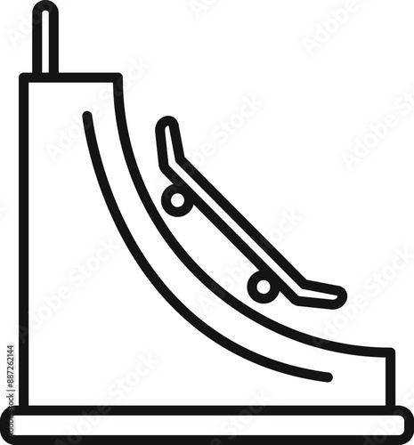 Line drawing of a skateboard sliding down a curved ramp in a skate park