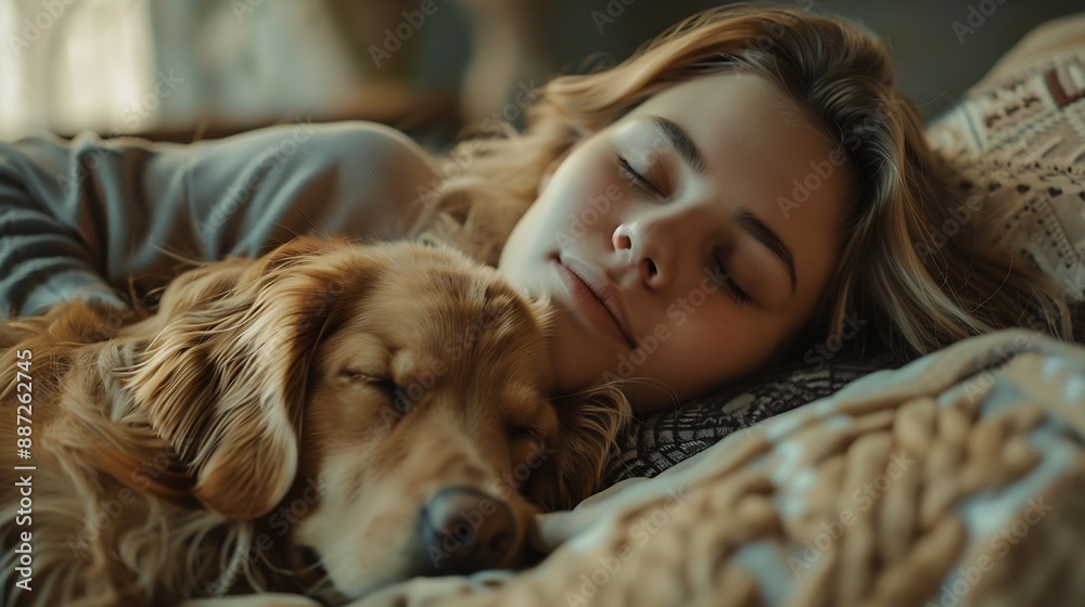 A woman plays and naps with her beloved dog on her favorite sofa in the home : Generative AI A woman plays and naps with her beloved dog on her favorite sofa in the home : Generative AI