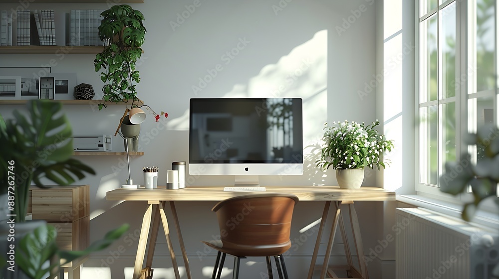 Clean bright and empty home office interior organized with a computer and desk inside Modern contemporary and work space view of a decorated room with stylish decor and wooden furnitur : Generative AI