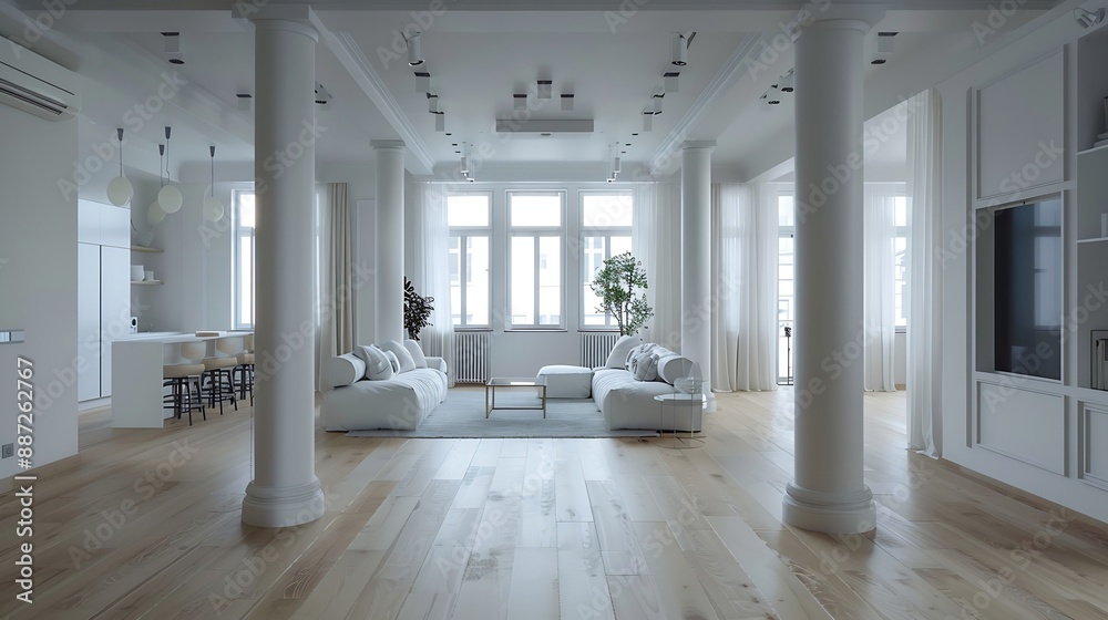 minimalist modern interior design huge bright apartment with an open plan in Scandinavian style in white blue and dark blue colors with columns in the center includes kitchen area offi : Generative AI minimalist modern interior design huge bright apartment with an open plan in Scandinavian style in white blue and dark blue colors with columns in the center includes kitchen area offi : Generative AI