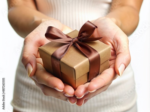 Delicate hands cradle a small gift box adorned with a brown ribbon, symbolizing love and anticipation for the new life growing within.