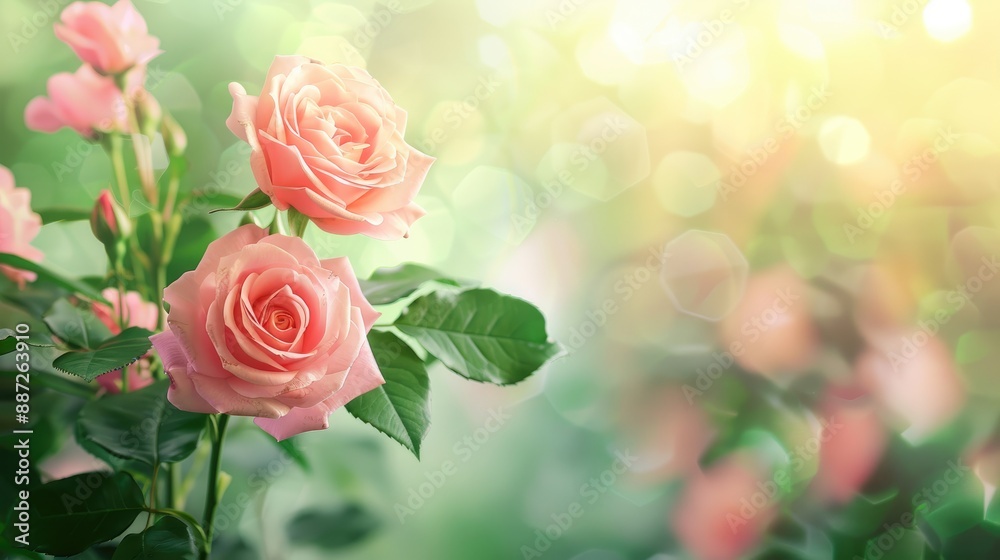 Pink rose flower on blurred green leaves background space for text Pink rose flower on blurred green leaves background space for text