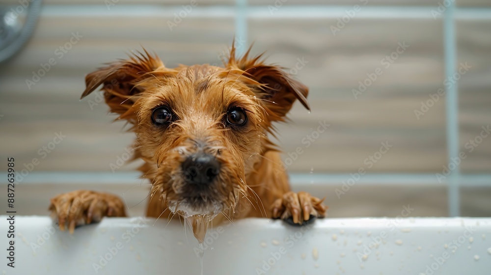 Completely wet adult mongrel dog leans out of the bathtub wanting to get out The dog wants to get out as soon as possible Dog hygiene and pet care at home : Generative AI Completely wet adult mongrel dog leans out of the bathtub wanting to get out The dog wants to get out as soon as possible Dog hygiene and pet care at home : Generative AI