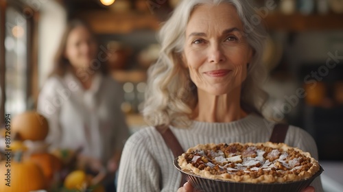 Happy mature woman holding baked Thanksgiving pie and looking at camera Her family is in the background : Generative AI