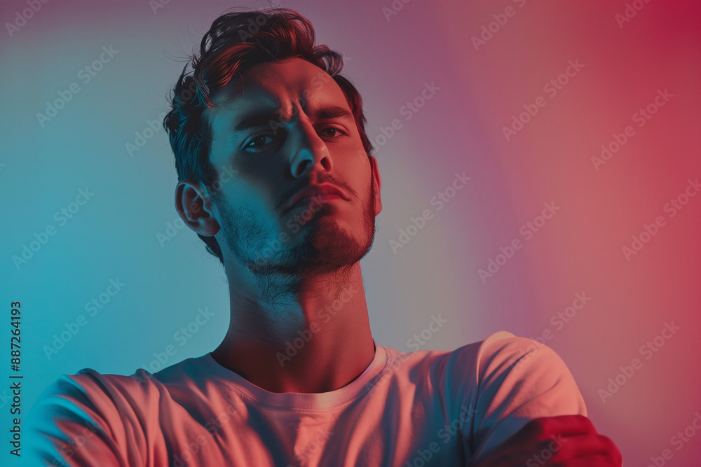 Portrait of a Serious Handsome Man in Neon Lighting, Capturing Masculinity and Intensity Portrait of a Serious Handsome Man in Neon Lighting, Capturing Masculinity and Intensity