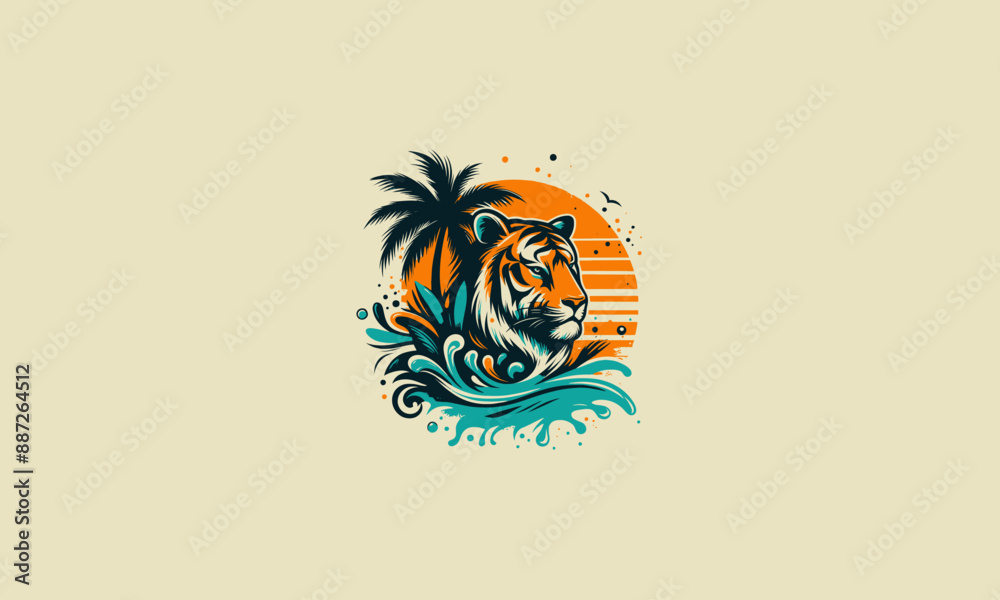 Obraz premium tiger with palm on beach vector logo design