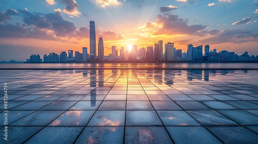 Empty square floors and city skyline with modern buildings at sunset in Suzhou Jiangsu Province China high angle view : Generative AI Empty square floors and city skyline with modern buildings at sunset in Suzhou Jiangsu Province China high angle view : Generative AI