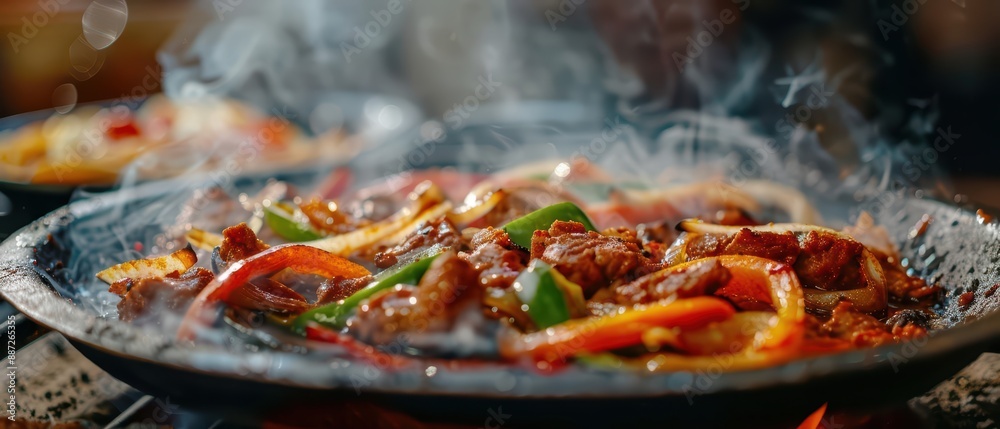 Fajitas sizzling in midair, with vibrant peppers, onions, and tender meat creating a dynamic and savory display Fajitas sizzling in midair, with vibrant peppers, onions, and tender meat creating a dynamic and savory display