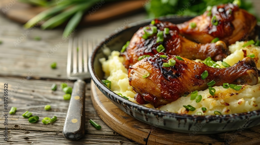 Baked chicken legs with mashed potatoes and green onions on a wooden table cutlery nearby Closeup : Generative AI Baked chicken legs with mashed potatoes and green onions on a wooden table cutlery nearby Closeup : Generative AI