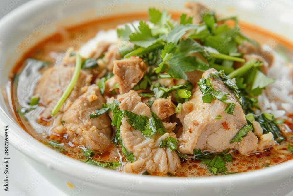 Khao Tom rice soup splashing, with tender meat, fragrant broth, and fresh herbs creating a comforting and savory explosion