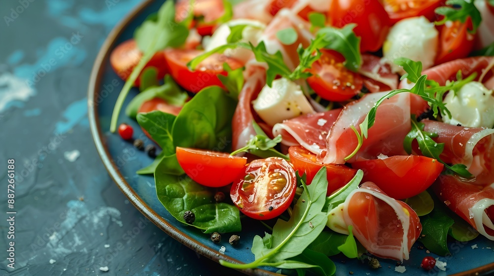 Traditional Italian Antipasto mixed leaf salad with tomatoes buffalo mozzarella and sliced prosciutto served on blue plate A healthy Italian recipe for for festive season : Generative AI