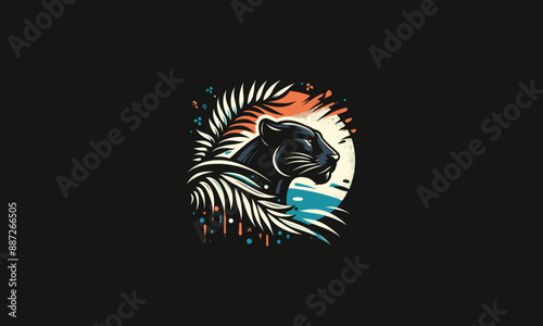 head panther with palm on beach vector logo design
