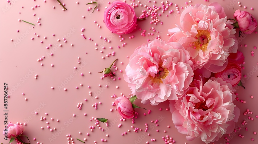 8march concept Top view photo of pink peony roses and sprinkles on isolated pastel pink background with blank space : Generative AI 8march concept Top view photo of pink peony roses and sprinkles on isolated pastel pink background with blank space : Generative AI