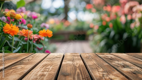 Selected focus empty wooden table with copy space in a supernatural scene, standing out against the blur of a serene mountain landscape dotted with flowers