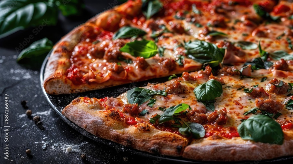 Delicious pizza with fresh basil leaves and a savory crust, perfect for any meal or gathering. Delicious pizza with fresh basil leaves and a savory crust, perfect for any meal or gathering.