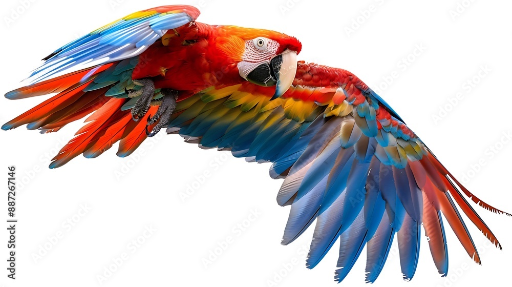 Fototapeta premium Colorful flying Catalina Macaw parrot isolated on white background with clipping path : Generative AI