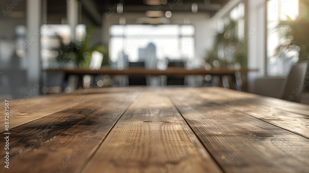 On the blurred background of the empty office room a wooden board rested atop the table : Generative AI On the blurred background of the empty office room a wooden board rested atop the table : Generative AI