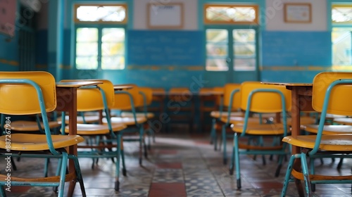 Classroom desks lined up ready to start classes at a school in Brazil : Generative AI photo