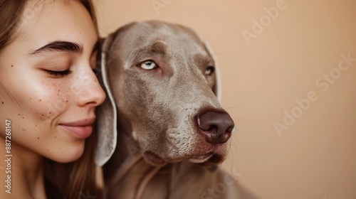 Essence of trust and love Female model posing with her lovely pet purebred Weimaraner against beige background Concept of animal pet lover friendship domestic life companionship : Generative AI photo