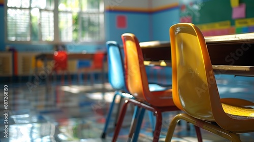 School classroom in blur background without young student Blurry view of elementary class room no kid or teacher with chairs and tables in campus : Generative AI photo