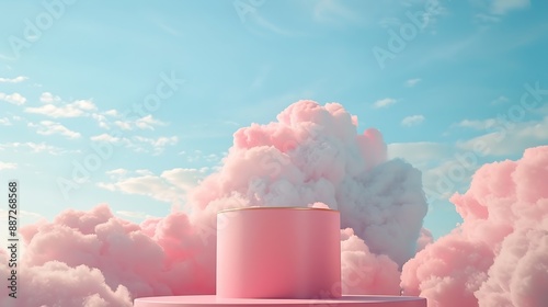 Surreal podium outdoor on blue sky pink gold pastel soft clouds with spaceBeauty cosmetic product placement pedestal present promotion minimal displaysummer paradise dreamy concept : Generative AI photo