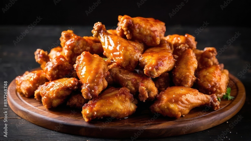 wings are piled on a wooden plate with sauce on top wings are piled on a wooden plate with sauce on top