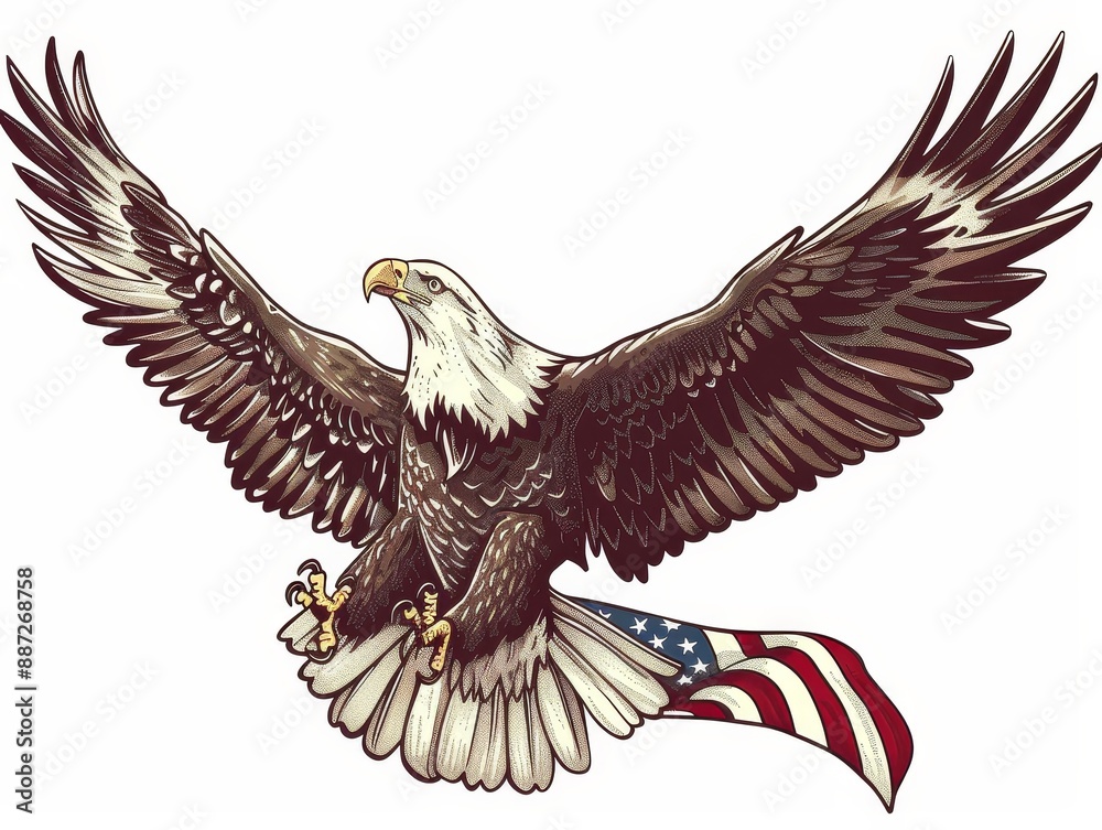 Obraz premium Vector of a bald eagle soaring with an American fl 4 3 eagle, bird, vector, animal, illustration, cartoon, hawk, wildlife, flying, wing, nature, wings, falcon, symbol, wild, tattoo, feather, beak, hea