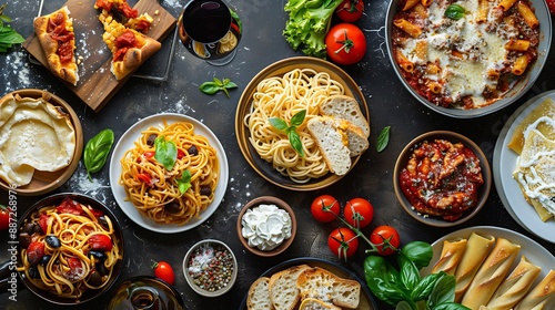 Pasta various dishes overhead flat lay shot Italian food and wine : Generative AI photo