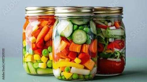 Colorful jars of pickled vegetables packed with freshness and variety to add flavor and nutrition to your meals. photo