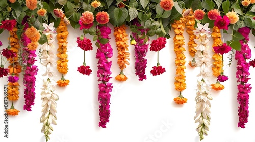 Hanging flower decoration border design Onam and Diwali concept image Flower border isolated on white background : Generative AI photo