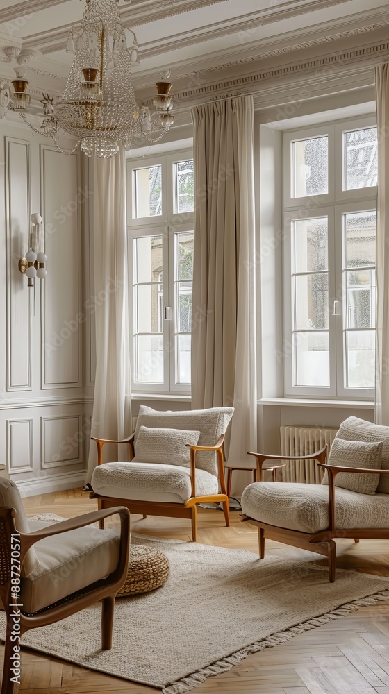 Fototapeta premium Stylish living room interior with armchairs and couch with decor near window