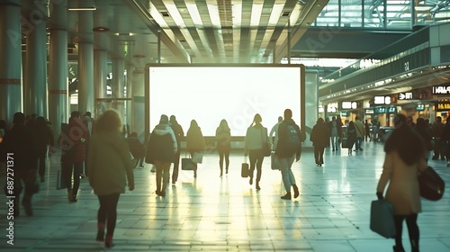 Blank billboard at the airport with passengers rush walking : Generative AI