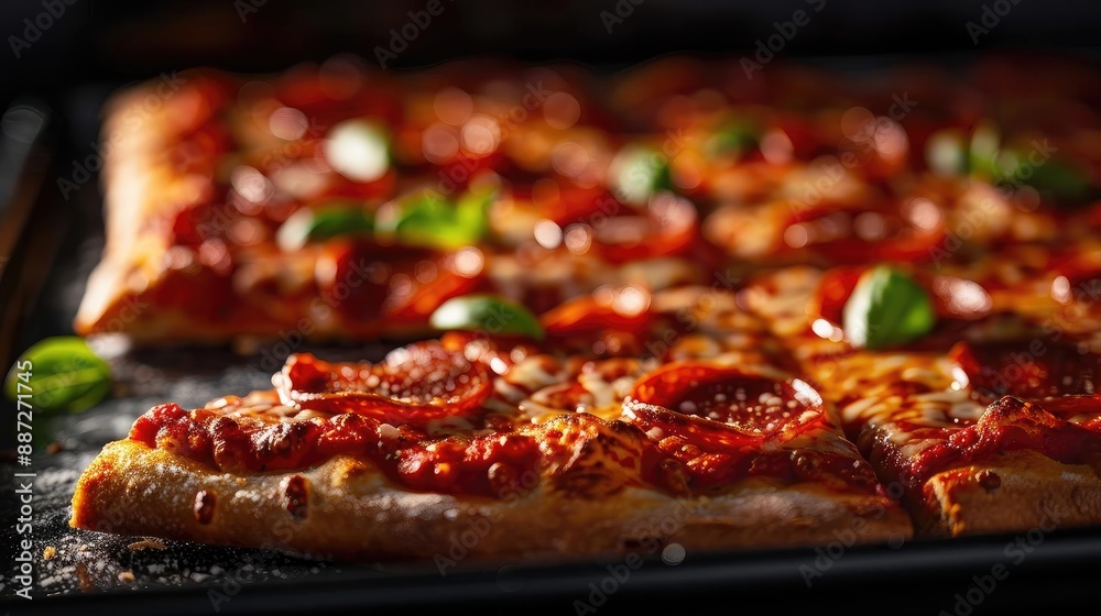 Close-up of a hot, freshly baked pepperoni pizza with melted cheese, garnished with basil leaves, perfect for food and pizza lovers. Close-up of a hot, freshly baked pepperoni pizza with melted cheese, garnished with basil leaves, perfect for food and pizza lovers.