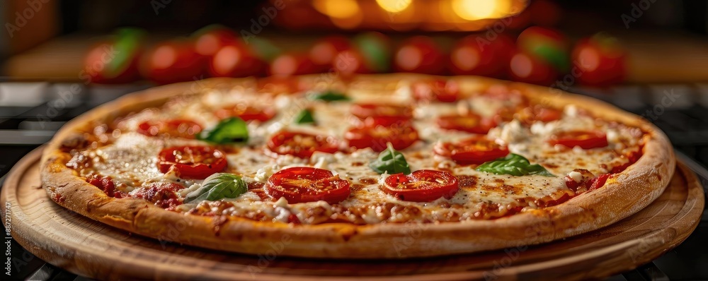 Delicious homemade pizza topped with fresh tomatoes, mozzarella cheese, and basil leaves, served on a wooden board with blurred background. Delicious homemade pizza topped with fresh tomatoes, mozzarella cheese, and basil leaves, served on a wooden board with blurred background.