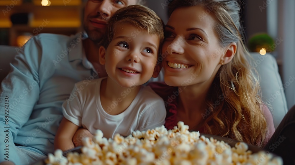 A family of three having a delightful time watching a film and snacking on popcorn : Generative AI A family of three having a delightful time watching a film and snacking on popcorn : Generative AI