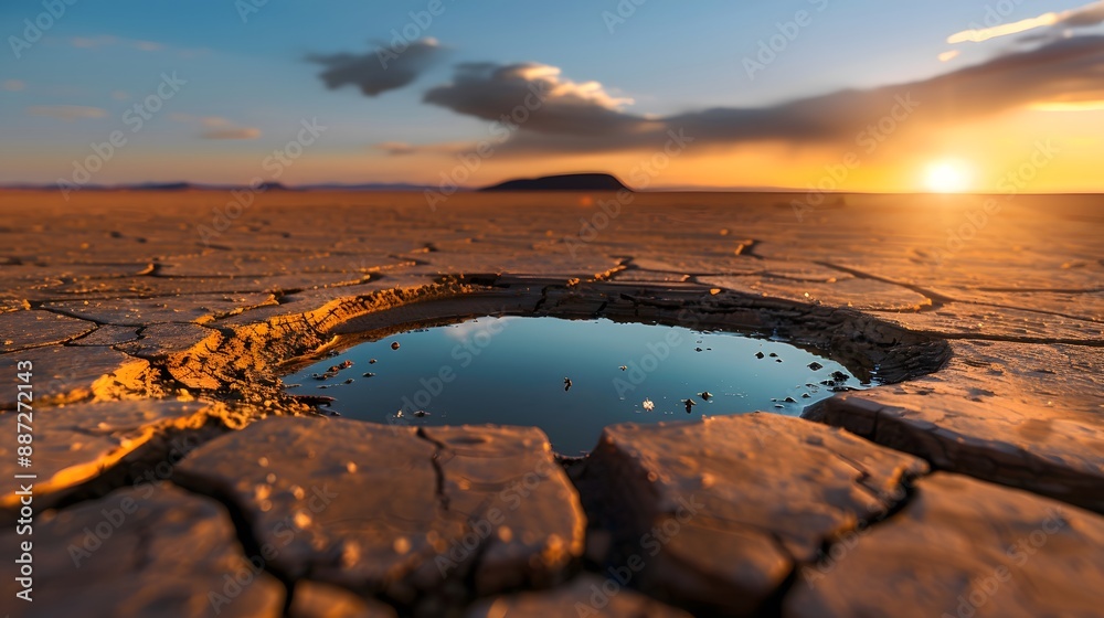 Desert Survival: Close-up of a Small Water Puddle in Cracked Earth, Symbolizing Tiny Oasis Amid Drought Stricken Land Desert Survival: Close-up of a Small Water Puddle in Cracked Earth, Symbolizing Tiny Oasis Amid Drought Stricken Land