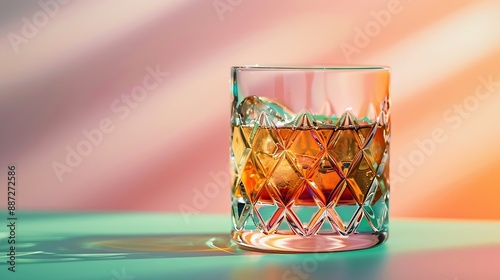 Creative party concept crystal glass with whisky Minimal scene strong drink on beige pink and green background : Generative AI photo