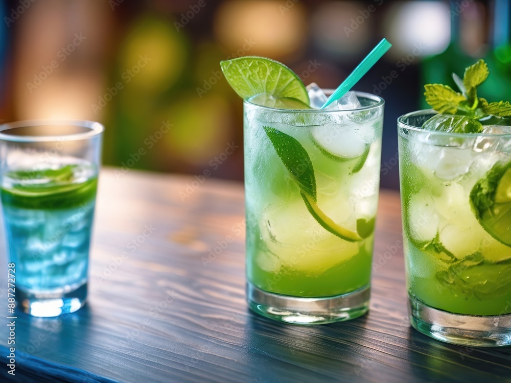 mojito cocktail with mint leaves on a wooden table mojito cocktail with mint leaves on a wooden table