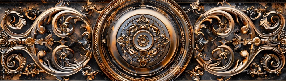 Obraz premium Intricate metalwork design with ornate details and a circular centerpiece, showcasing craftsmanship and elegance.