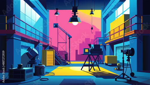 Film shooting location in an industrial setting, featuring professional lighting equipment and a dark backdrop. A moody atmosphere, highlighting the preparation for a film shoot.