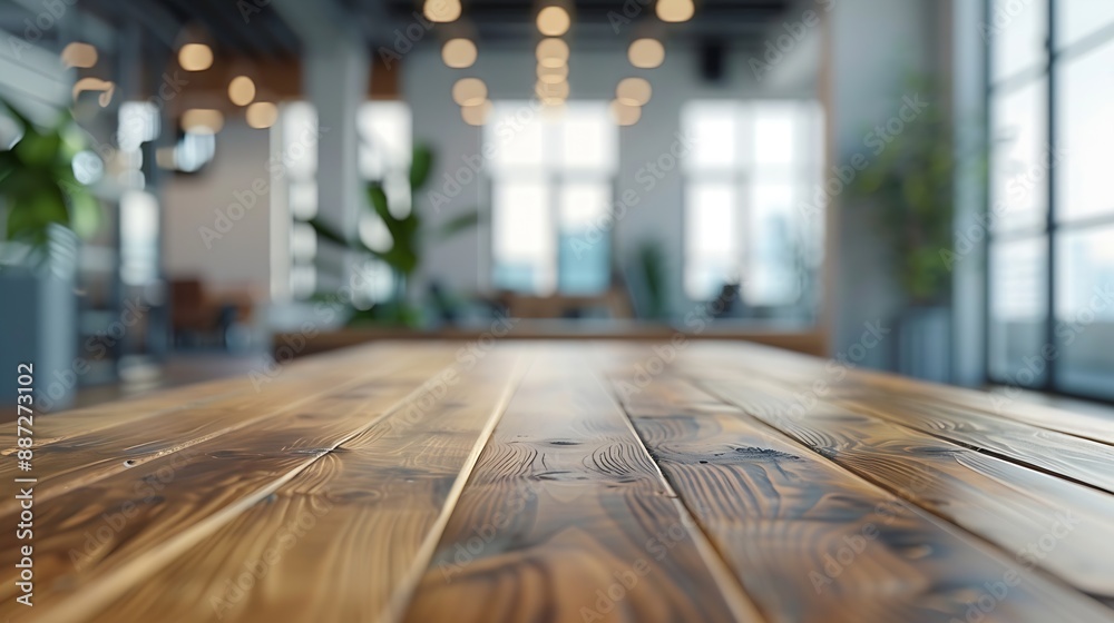 On the blurred background of the empty office room a wooden board rested atop the table : Generative AI