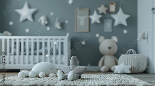 Baby room in scandinavian style Stylish newborn playroom Modern interior with grey walls and wooden accessories Pastel grey monochrome decoration Unisex nursery gender neutral calm col : Generative AI photo