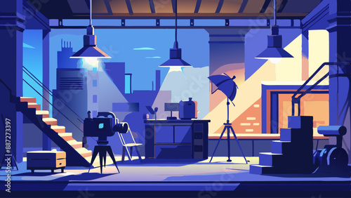 Film shooting location in an industrial setting, featuring professional lighting equipment and a dark backdrop. A moody atmosphere, highlighting the preparation for a film shoot.