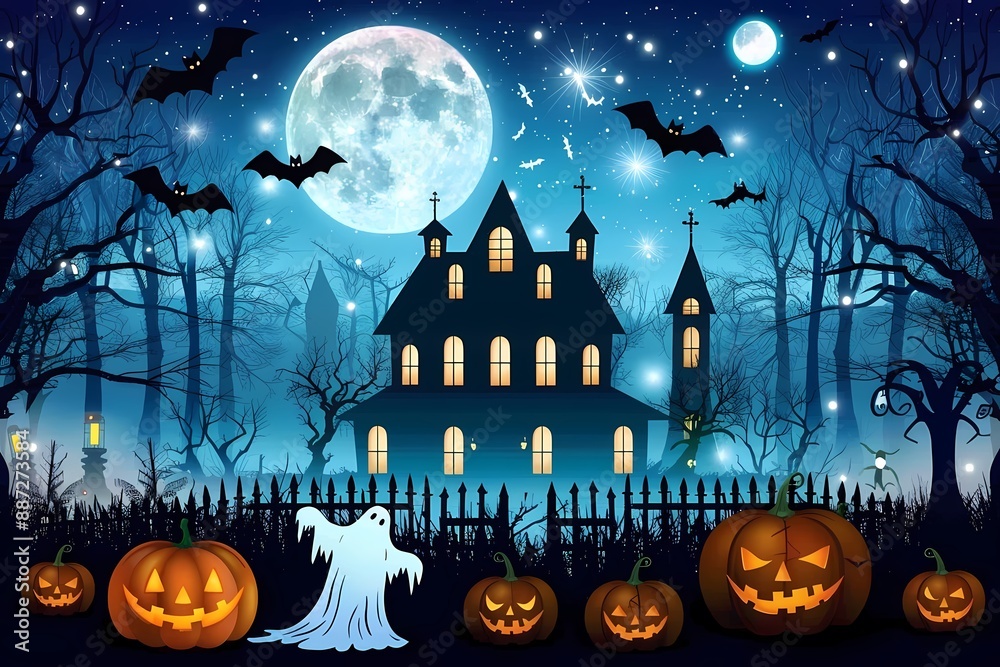 Fototapeta premium Haunted mansion under moonlit sky with bats and glowing pumpkins on spooky Halloween night
