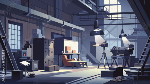 Film shooting location in an industrial setting, featuring professional lighting equipment and a dark backdrop. A moody atmosphere, highlighting the preparation for a film shoot.