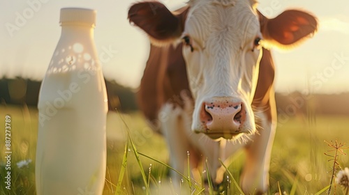 Cow feeding behind bottle of milk